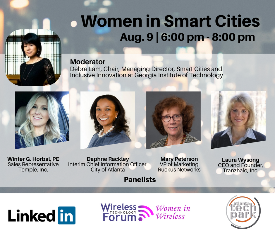 thecarolinedunn's tweet photo. Join me this Thursday @wirelesswomen for 'Women in Smart Cities' panel with @AtlantaCio Debra Lam, Laura Wyson, Winter Horbal, and Mary Peterson on #ATL #SmartCities #WirelessWomen #womeninwireless @cytilife https://t.co/j4c5csWklu https://t.co/6WZZ975fcO