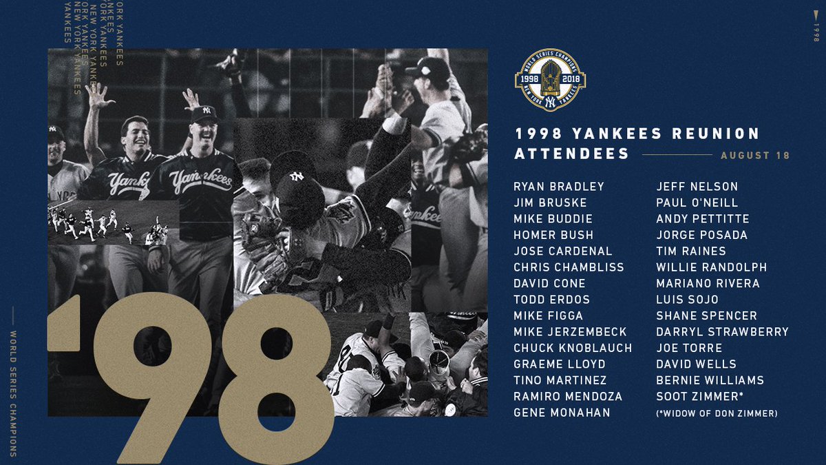 Yankees's tweet photo. Relive the magic... 20 years later! Many of your faves are returning to Yankee Stadium, and you can join them Aug 17-19.  

Tix &amp; more ➡️ https://t.co/EOsHeF9RAM https://t.co/GIki8GkWV4