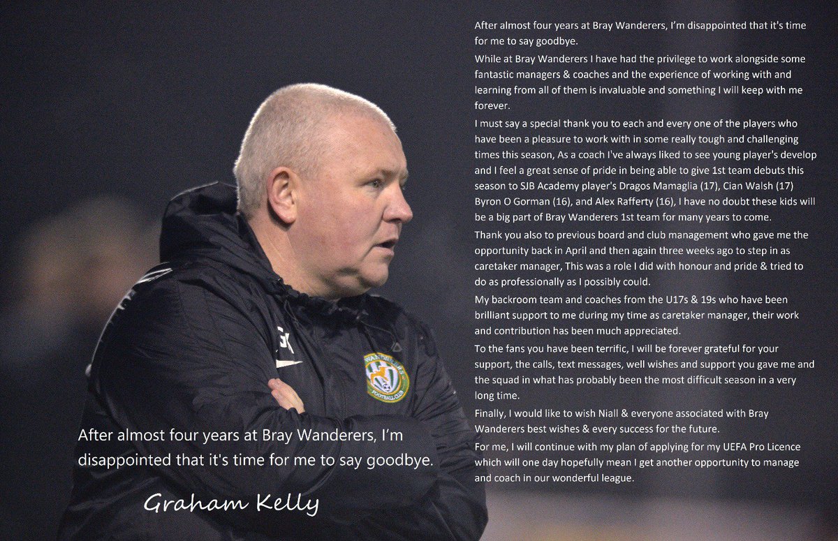 grahamkelly1888's tweet photo. A huge thank you to everyone who I have had the pleasure to work with over the past four years @BrayWanderers, Staff, Players and of course the loyal supporters, It's been one unbelievable experience 💚 https://t.co/dJ3NjEucXP