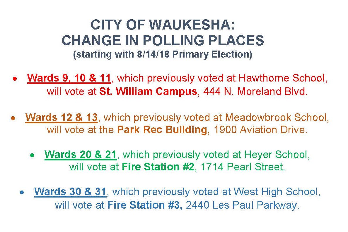EPWisco's tweet photo. IMPT: @CityofWaukesha voters - FOUR of your polling places have changed and that change will be in effect for the 8/14 primary and subsequent elections.  There hasn't been much outreach and we suspect lots of voters don't know this - help spread the word!  
@WI_Elections @LWV_WI https://t.co/rA2R4XGABP