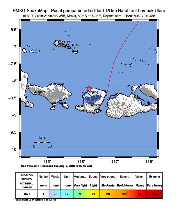 #Gempa Mag:4.0, 07-Agu-18 21:04:38 WIB, Lok:8.23 LS, 116.23 BT (Pusat gempa berada di laut 16 km BaratLaut Lombok Utara), Kedlmn:14 Km Dirasakan (MMI) II Lombok Barat, II Mataram, III Lombok Utara #BMKG