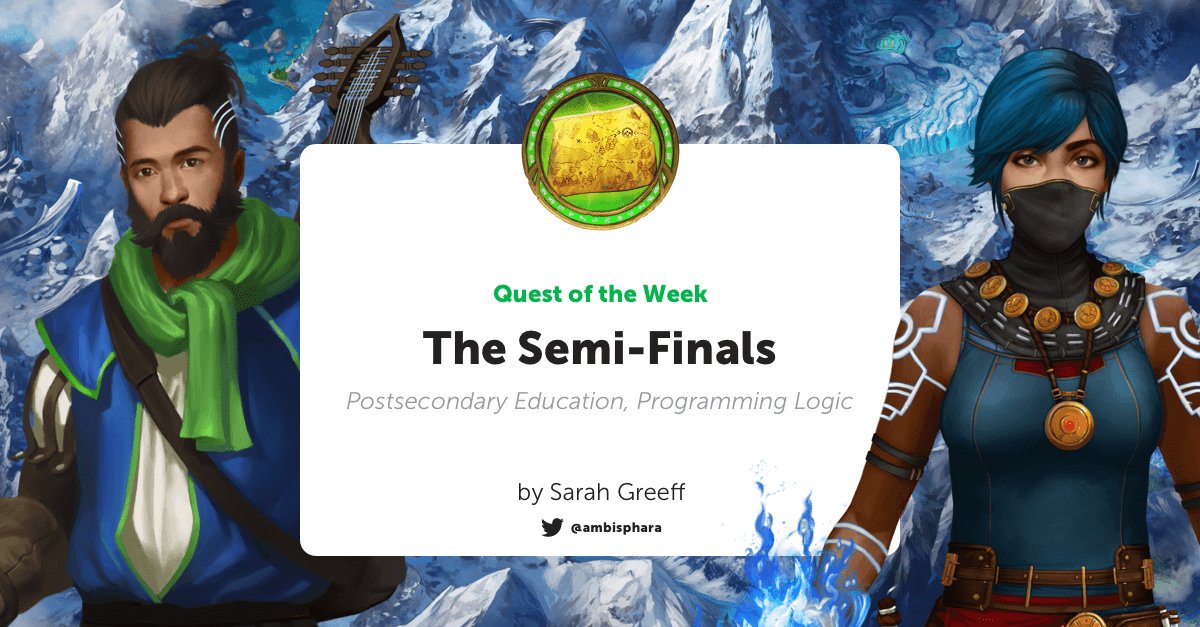 classcraftgame's tweet photo. Looking for a new quest? Try our Quest of the Week, “The Semi-Finals,” Sarah Greeff's quest on programming logic: https://t.co/TmvXnMXsWn #QuestShare #QuestOfTheWeek
For more ideas, visit our forums: https://t.co/mCTfMEnD6C https://t.co/GTOoTz9Mef