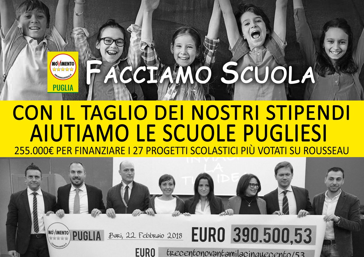#FacciamoScuola: 255.000€ dal taglio dei stipendi dei consiglieri #M5S #Puglia donati alle scuole pugliesi. LEGGI QUI => goo.gl/nm2wf4