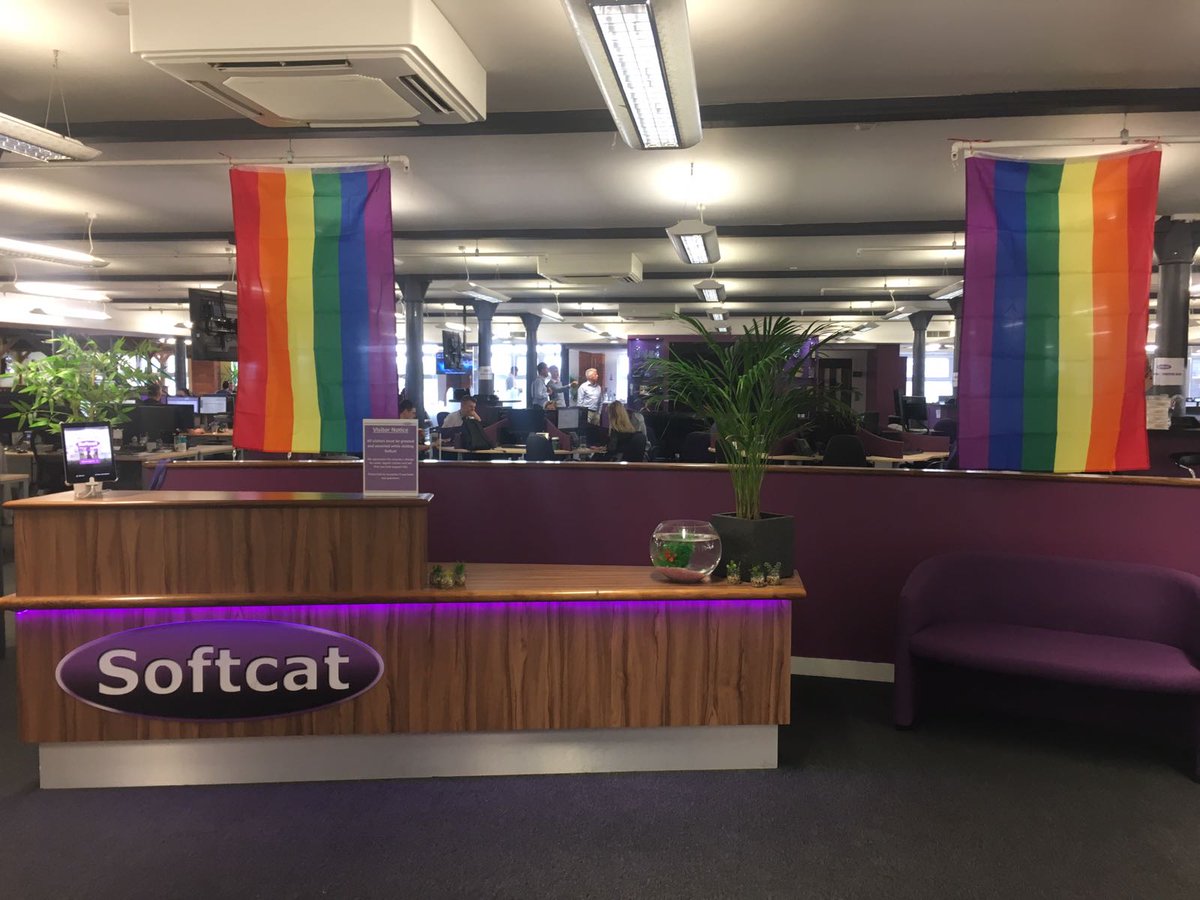 softcat's tweet photo. 🌈 Our Manchester office are ready for @ManchesterPride later this month #teamsoftcat #manchesterpride 🌈 https://t.co/zf3rScTzSy