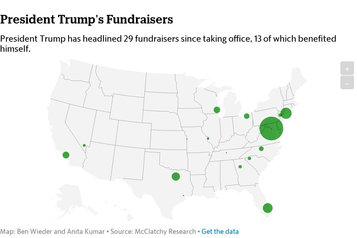 Map showing where Trump has headlined fundraisers across the United States