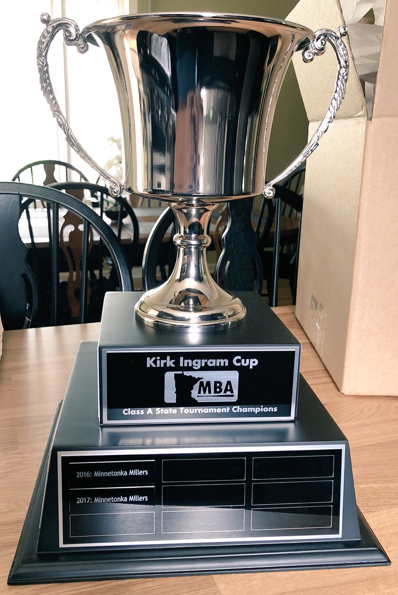 MnABaseball's tweet photo. This year’s state champion will be the first to hoist the ‘Kirk Ingram Cup’, the traveling trophy for the Class A.  The Cup features all 32 Class A Champions and has room for another 40 years. #History #classA https://t.co/DSaHIVFdX7