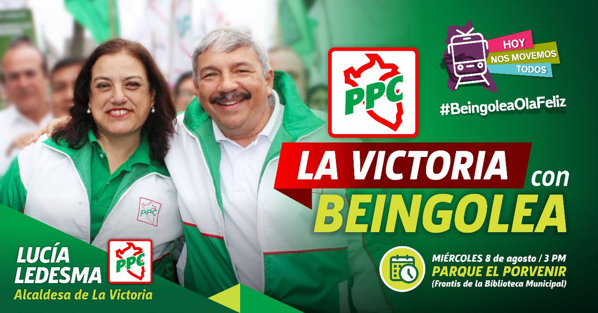 Queridos amigos, los invito a participar de la #OlaVerde PPCista. Junto a nuestro candidato a la alcaldía de Lima <a href="/BeingoleaA/">Alberto Beingolea</a>, recorreremos las calles de #LaVictoria, para compartir un grato momento. ¡Los esperamos!

#BeingoleaOlaFeliz 😁
#LimaFeliz 💚
#LaVictoriaSiTieneFuturo 🙌