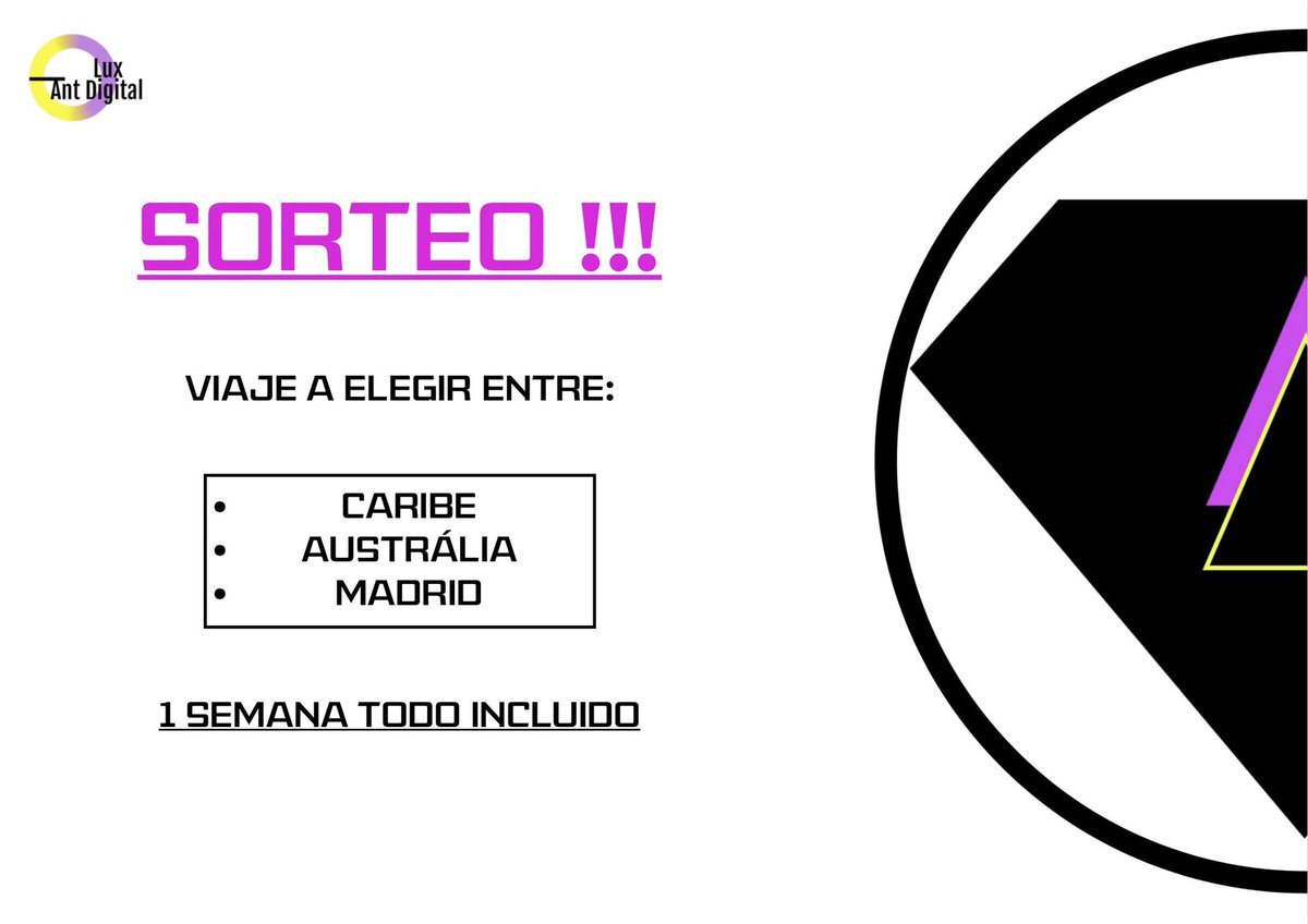 lux_ant's tweet photo. QUE EMPIECE EL SORTEO !!
Desde hoy hasta el 31 de Septiembre sorteamos un viaje de 1 semana e elegir entre: Caribe, Australia o Madrid.
¡CON TODOS LOS GASTOS INCLUIDOS!
¿Cómo puedo participar?
1- Ser seguidor de @lux_ant 
2- Dar “me gusta” a la publicación
3- Nombra a 5 amigos https://t.co/0k7H45Y2cU