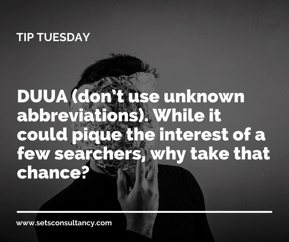 setsconsultancy's tweet photo. Tip Tuesday: See what we did here? This is exactly why you shouldn’t use unknown abbreviations.

#SETSConsultancy #DigitalMarketing #CreativeAdAgency #DigitalAdvertising #Branding #OnlineMarketing #Marketing #Consultancy #Consulting #TipTuesday https://t.co/1tfiM3o5NT