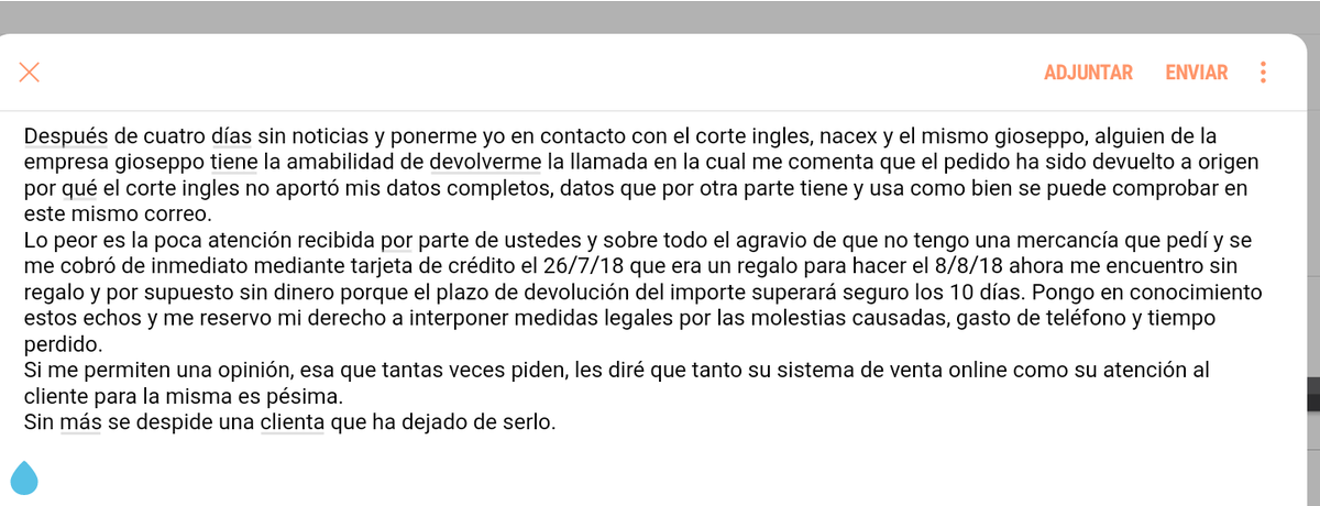 nanilujano's tweet photo. Aquí puede leerse la frustración que se siente como cliente, cuando un gigante como @elcorteinglesac pasa olímpicamente de ti. #clientescabreados #QuieroMisZapatos https://t.co/w5YSyR2A7E