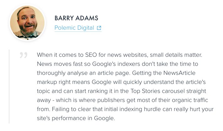 contentking's tweet image. When it comes to SEO for news websites, small details matter. News moves fast so Google&apos;s indexers don&apos;t take the time to thoroughly analyse an article page. - @badams 

Full article here: contentkingapp.com/academy/schema/ #schemaorg #structureddata