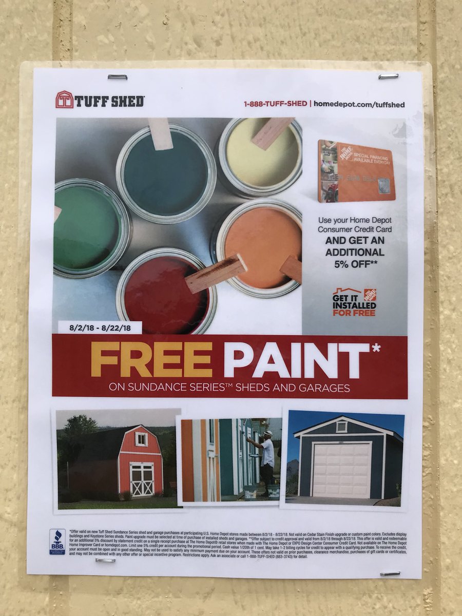 OffTheGridRVA's tweet photo. Hey #Midlothian reclaim your basement &amp; attic by putting your things in new #custom @tuffshed 
FREE PAINT until 8/22 knocks about 10% off your shed: 30 colors to choose from!
Get to @HomeDepot no.4631 (1386 Carmia Way) to see new #barn &amp; #backyard #storage options
@JeffHarrell18 https://t.co/HeDponEZcA