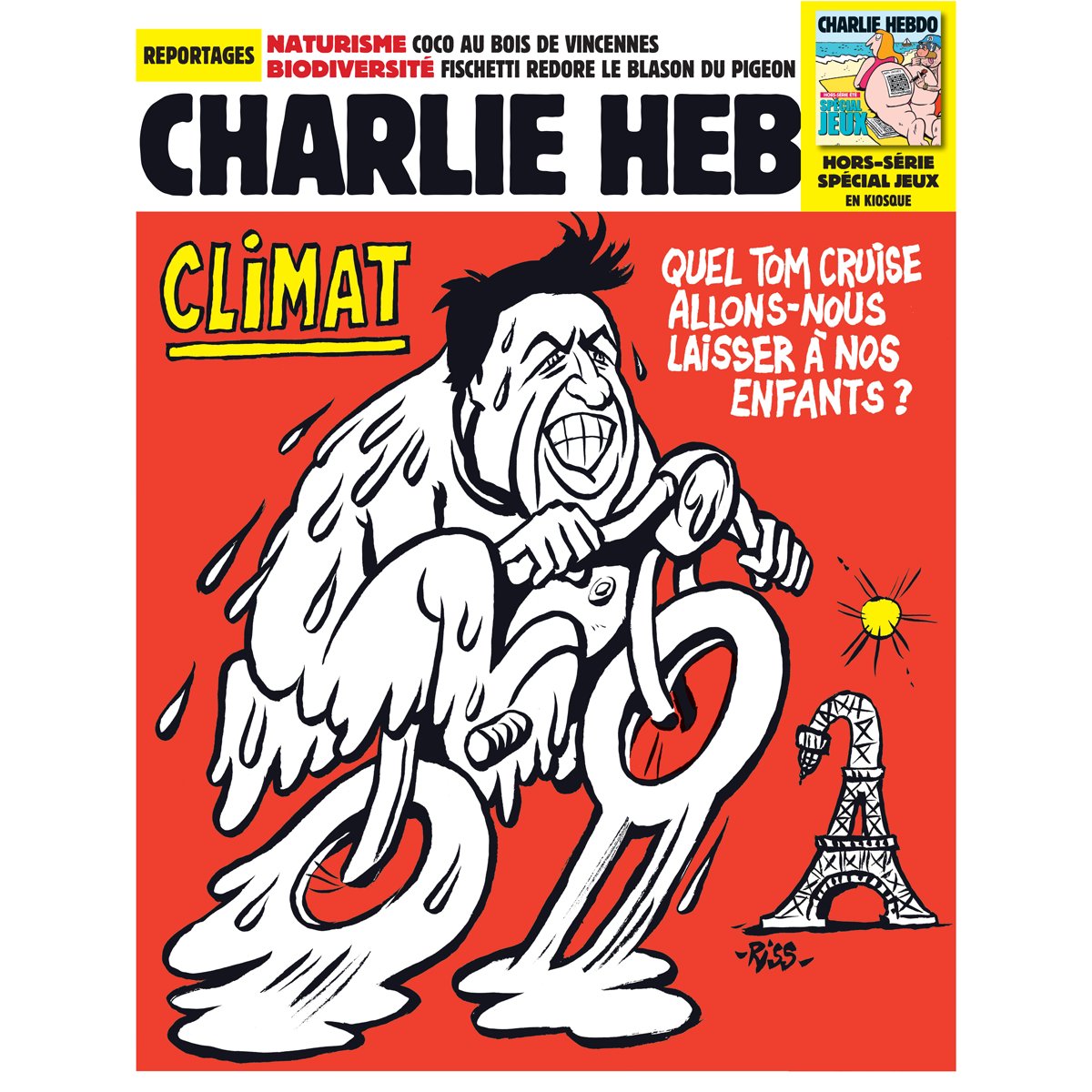 Charlie_Hebdo_'s tweet photo. A la une de #CharlieHebdo cette semaine : 
@TomCruise versus #Climat 
#naturisme : @cocoboer au bois de #Vincennes
#biodiversite : #AntonioFischetti redore le blason du #Pigeon

En kiosque dès demain et sur ➡️ https://t.co/5SPrx5Rgmh https://t.co/nLqvq9qgtO