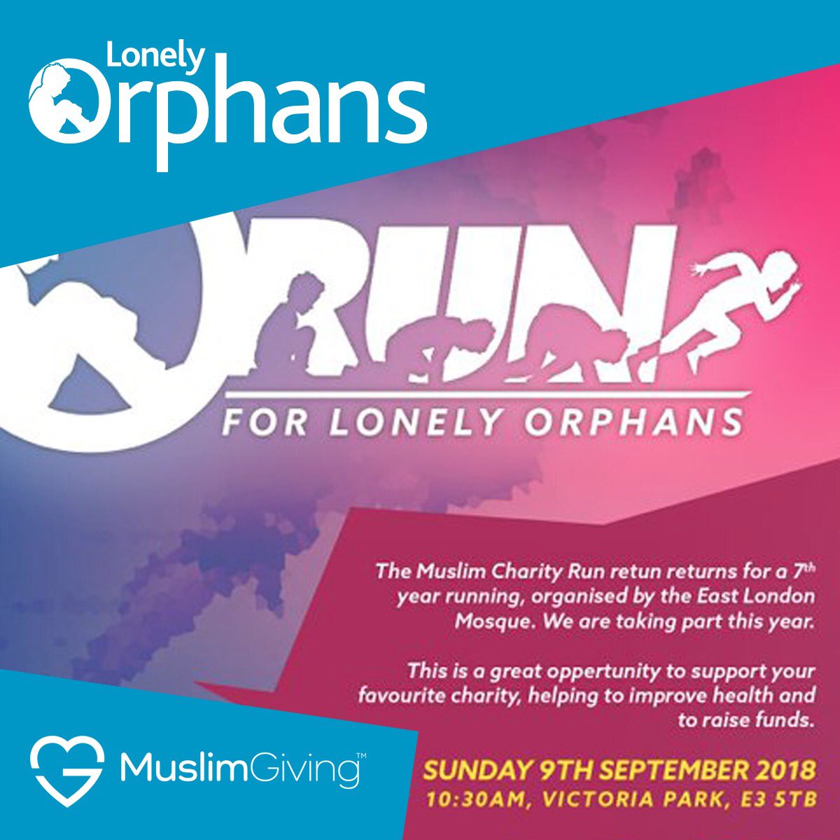MuslimGiving's tweet photo. Run for @LonelyOrphans at the upcoming 7th annual Muslim Charity Run. Donate or become a fundraiser today https://t.co/3QgpVlD6hb - #muslimgiving #muslimcharityrun #lonelyorphans #runfororphans #eastlondonmosque #victoriaparklondon #familyrun #familyfun #towerhamlets #charity https://t.co/uUY1edBXM1