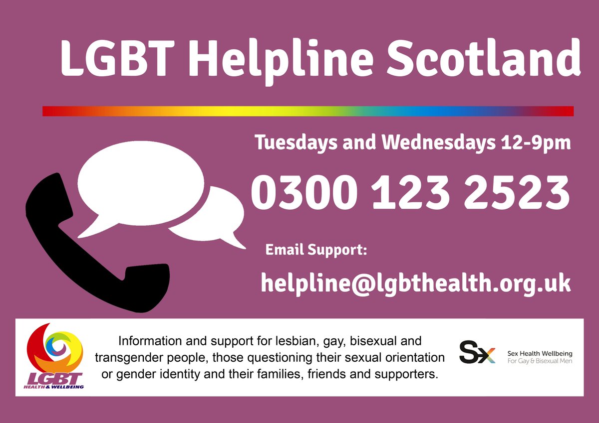 LGBTHealthy's tweet photo. Do you need to chat to someone today? @lgbt_helpline is now open until 9pm to support all LGBTQ people across Scotland. 📞 call us on 0300 123 2523 or 📧 email us at helpline@lgbthealth.org.uk or 💬 chat with us via our website: https://t.co/kzsAU4bEXx https://t.co/2g4s0ww42B