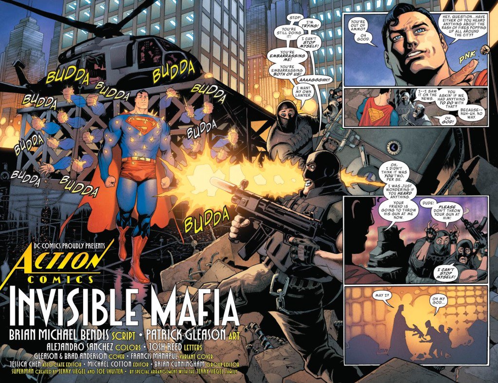 ComicWatchHQ's tweet photo. The first issue of @brianmbendis and @patrick_gleason Action Comics run has arrived! Superman is investigating a string of arson across the city, the only trouble is it's hard to investigate when you're a suspect! #thetrunksareback https://t.co/0lEfcZ7nCa https://t.co/Ho3RptOHOO