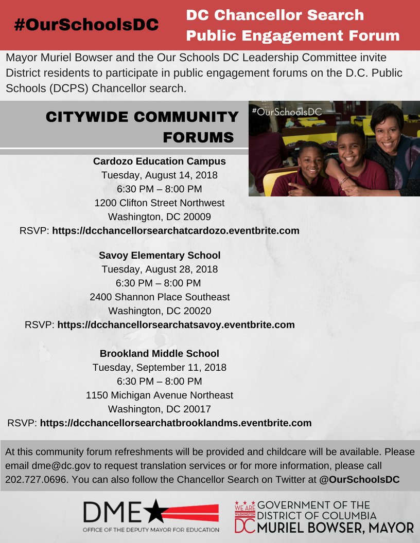 MayorBowser's tweet photo. 📣Let your voice be heard! 

Join us at 3⃣upcoming DC Chancellor search engagement forums with @OurSchoolsDC:  

Aug. 14 @CardozoEC RSVP ➡️https://t.co/6rw38JtUT3  
Aug. 28 @Savoy_ES RSVP➡️https://t.co/15zumw9FH5   
Sept. 11 @BrooklandMS RSVP ➡️https://t.co/ufUPeZQCQu https://t.co/iF0n6wZmEk