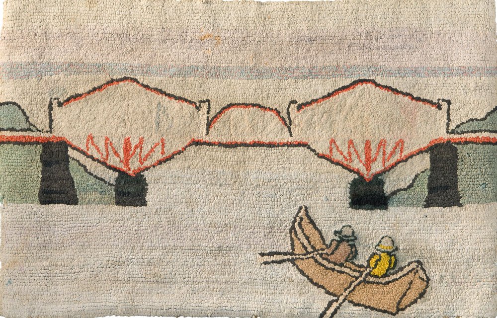 CanMusHistory's tweet photo. In this Hooked mat, two boaters on the St. Lawrence River approach the Québec Bridge. #ExploreTheCollection #craft https://t.co/CdnKSw1uyh