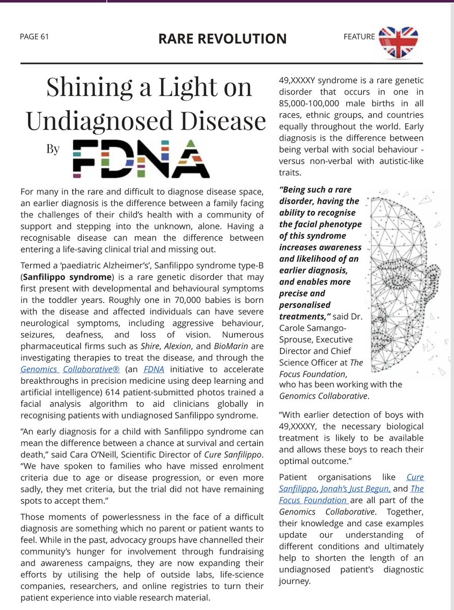 "Shining a Light on Undiagnosed Disease at @FDNA" Honored to be featured in this issue of <a href="/RareRevolutionM/">RARE Revolution Magazine®</a>! We thrive working alongside the great advocacy communities in #rare and #genetic disease!