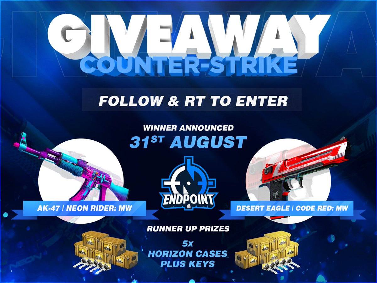 [#GIVEAWAY]

To coincide with our team bootcamp and making it to the <a href="/ESLUK/">ESL UK</a> Premiership finals!

We have 7 new Horizon case prizes in total!

🥇 AK-47 Neon Rider
🥇 Desert Eagle Code-Red
🥉 Horizon crate with key (x5)

Simply Follow and RT for your chance to win!