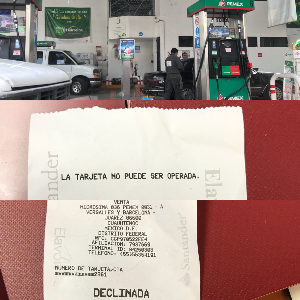 PakoArit's tweet photo. Despachadores RATEROS n gasolinera @Grupo_Hidrosina ubicada Versalles y Barcelona col Juarez CDMX planchan la TDD alegan q no hay sist imprimen 1ticket q dice q la TDD no puede ser operada la vuelven a planchar sale declinada y SI te hacen el cobro sin cargar gas fail #Hidrosina https://t.co/4X8oHwWmwh