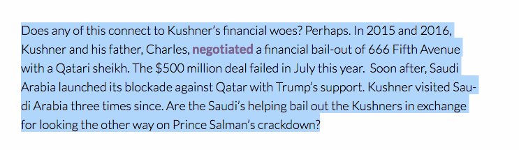 Any ties between the bailout and geopolitics is purely circumstantial at this point, but it's worth noting a Qatari sheikh had previously backed out of providing a lifeline to Kushner's family business. We wrote about it here: 2/6 @traciemac_Bmore