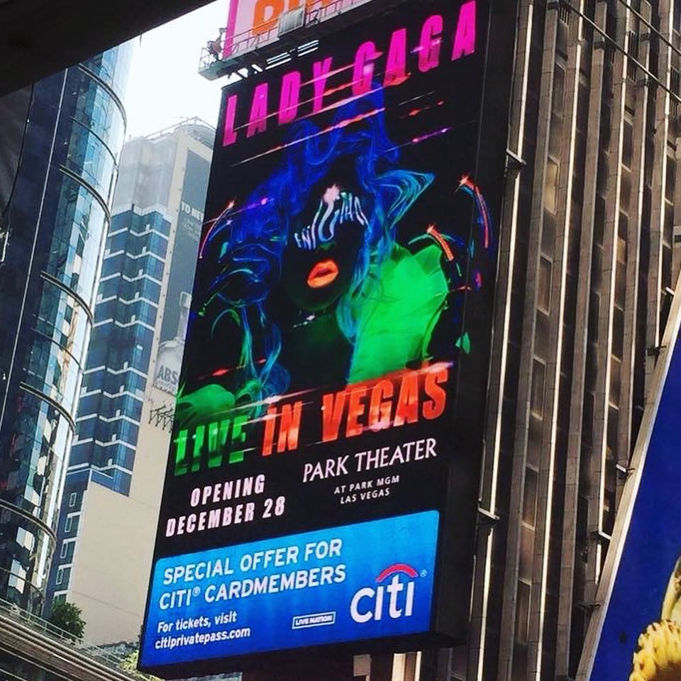 ladygaganownet's tweet photo. Lady Gaga's Vegas residency being promoted at Times Square, New York! #ENIGMA https://t.co/3Q9o3u0Iio