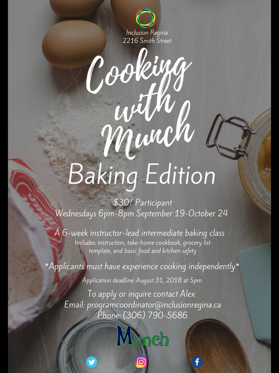 Happy Monday everyone! 

Check out our new Cooking with Munch: Baking Edition in collaboration with Munch Cafe and Catering! Apply to be a part of this program today. Contact Alex at programcoordinator@inclusionregina.ca or 306-790-5686 😁👩‍🍳