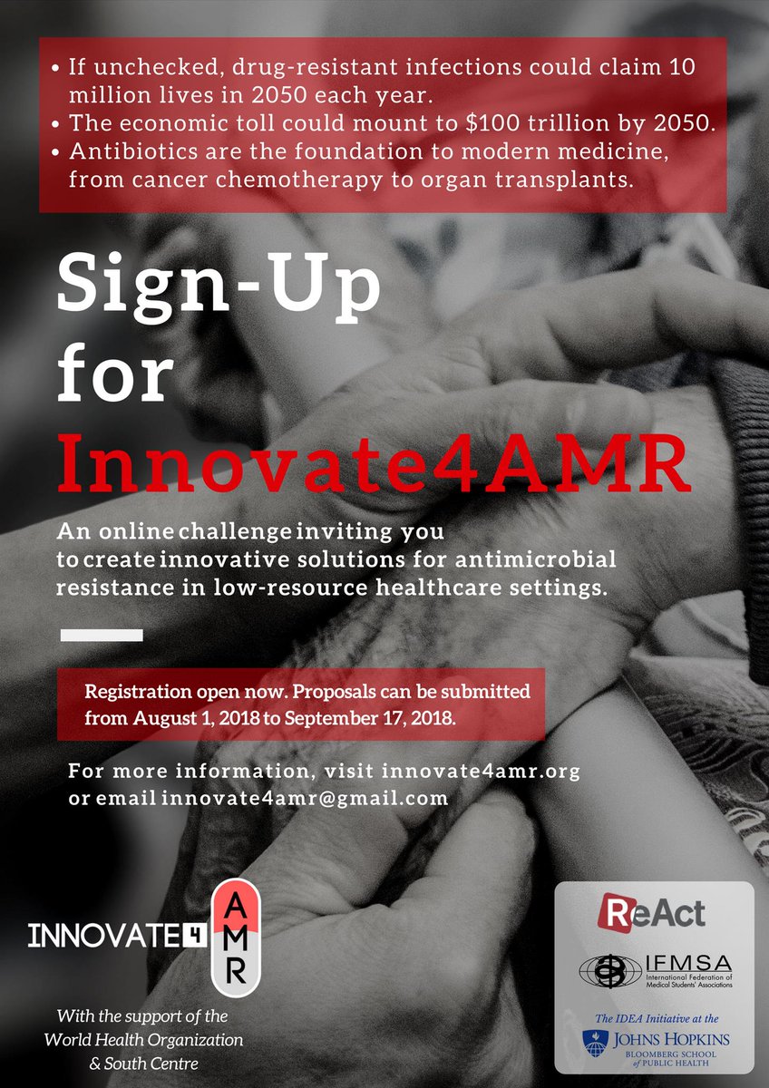 IFMSA's tweet photo. Students! Are you interested in stopping #Antimicrobialresistance? Winning a trip to #Geneva to attend a workshop on #AMR organized by @ifmsa, @reactgroup, @WHO and @South_Centre? If yes, #Innovate4AMR is a perfect fit for you! 

Get engaged at https://t.co/8DFnMcRPtY https://t.co/VUJoAy6kUJ