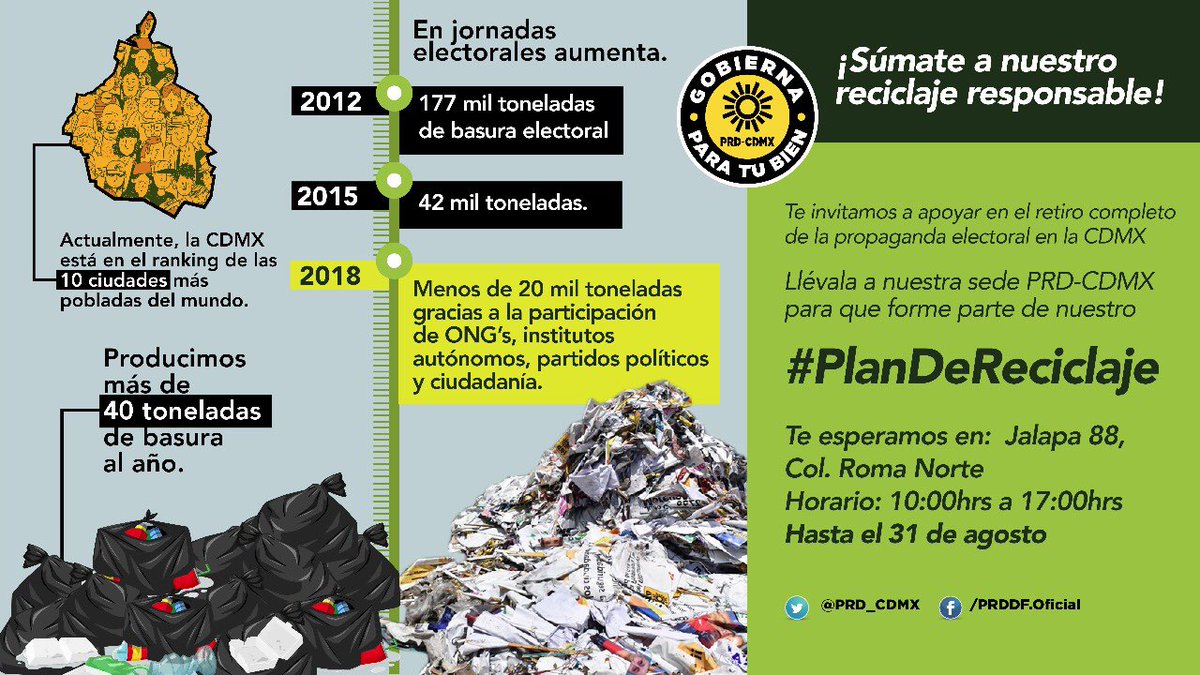 PRD_CDMX's tweet photo. ¡Súmate a nuestro reciclaje responsable!
Estaremos recibiendo en propaganda electoral en la sede del #PRD_CDMX hasta el 31 de agosto para que sea parte de nuestro #PlanDeReciclaje. ♻️ https://t.co/6J6aGmBboI