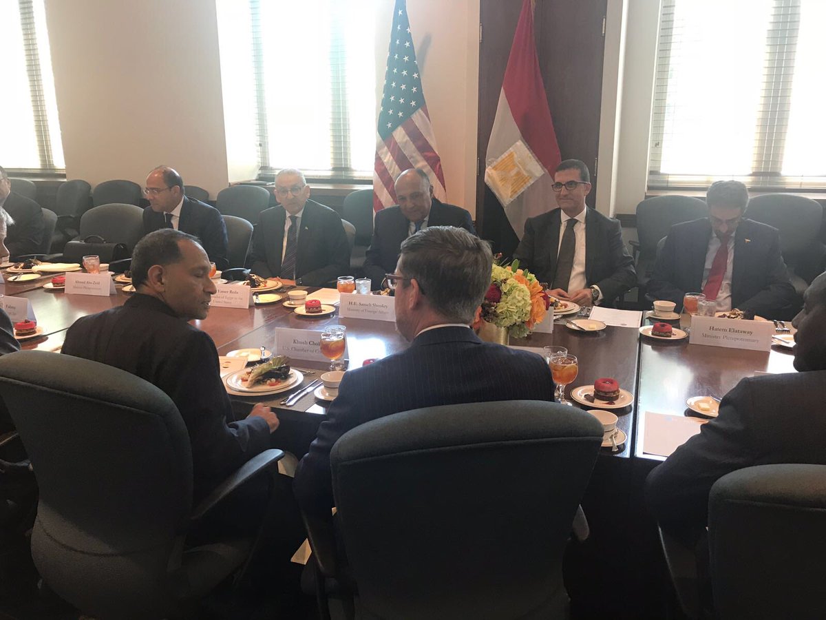 MfaEgypt's tweet photo. Minister Shoukry participates now in a working Lunch organized by the @USChamber &amp; @amcham_egypt attended by high level representatives of U.S. Companies investing in Egypt @USChamber https://t.co/kehFq1Xf5c
