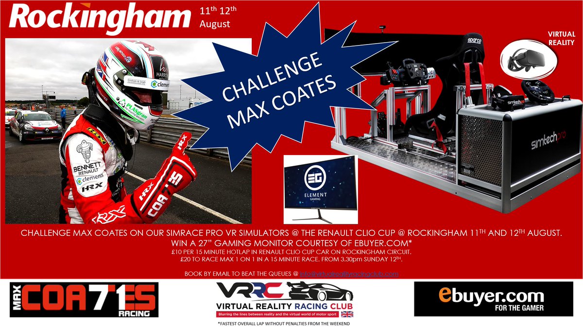 VRRacingClub's tweet photo. 4 days to go till Rockingham. Challenge @MaxCoatesRacing ! Win a 27" Gaming Monitor courtesy of https://t.co/Z0rxSg6mVk. @RockinghamUK @DunlopBTCC @UKClioCup info@virtualrealityracingclub.com #virtualrealityracing #maxcoates #rockingham #renaultsport #renaultcliocup #btcc https://t.co/8kiSxDoaXV