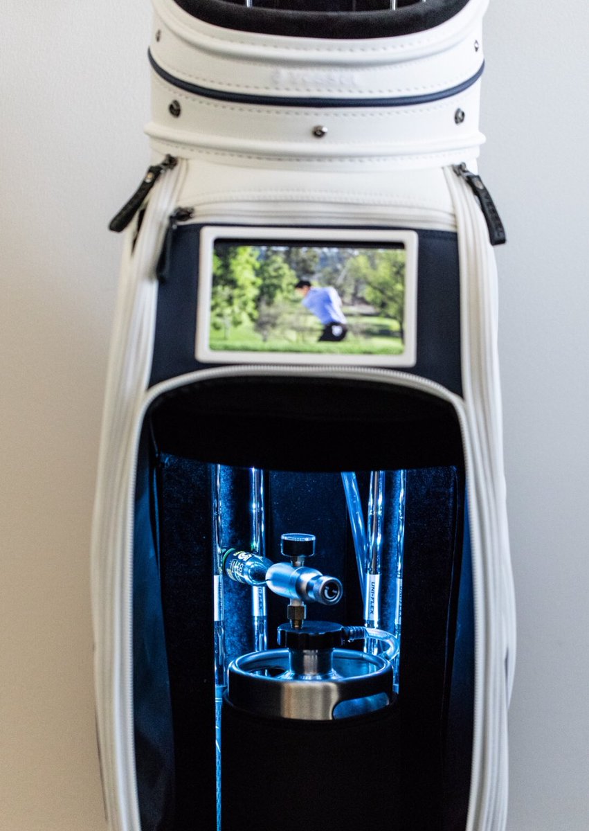 darrenrovell's tweet photo. Michelob Ultra is debuting a one-of-a-kind golf bag at the PGA Championship that includes a 128 oz. refillable beer keg with a tap handle &amp; pint glasses, Bluetooth speaker &amp; built-in tablet. Giving it away through #ultracaddiecontest on Twitter &amp; Instagram. https://t.co/9gguzy0MU5