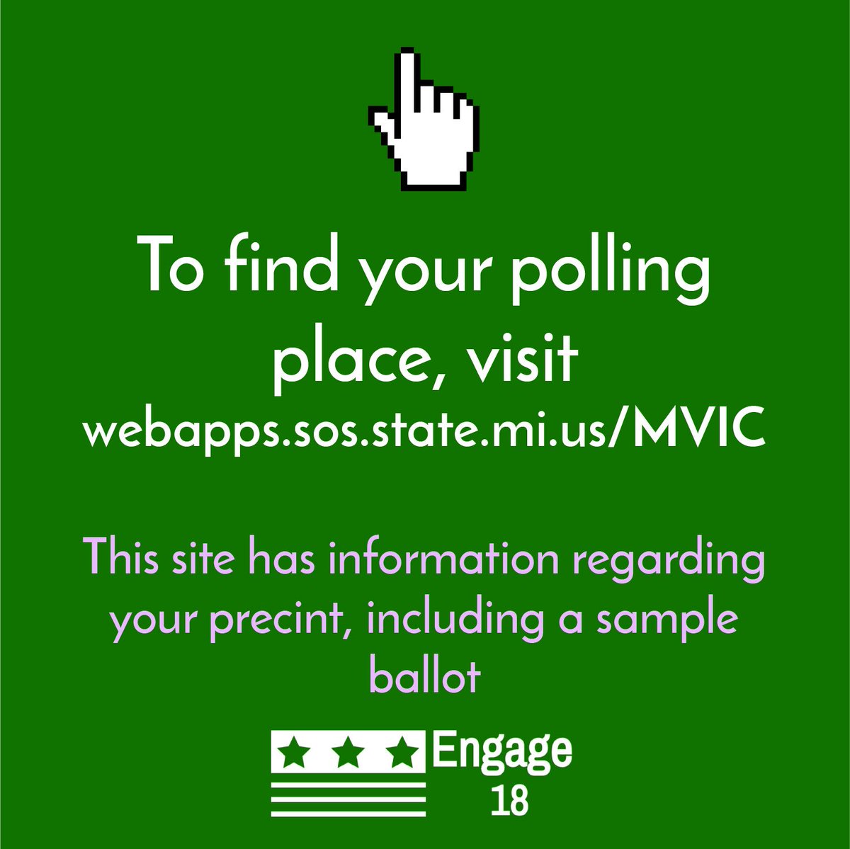 EngageEighteen's tweet image. Today is the day! Go out and #GetEngaged by voting in Michigan’s Primary Elections! Make sure to tag us in photos with your “I Voted” stickers to be featured! (1/2)