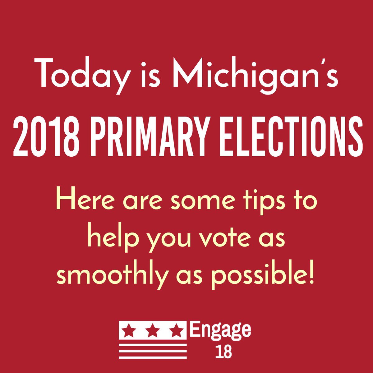 EngageEighteen's tweet image. Today is the day! Go out and #GetEngaged by voting in Michigan’s Primary Elections! Make sure to tag us in photos with your “I Voted” stickers to be featured! (1/2)