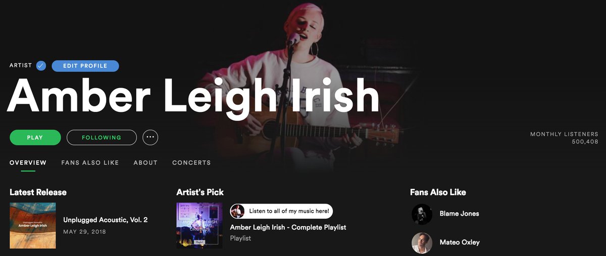 Well done to <a href="/amberleighbam/">Amber Leigh Irish</a> for reaching 500,000 listeners on <a href="/spotify/">Spotify</a> in under 12 months. To watch you grow from 3000 in October 2017 to this has been incredible! <a href="/spotifyartists/">Spotify for Artists</a> <a href="/SpotifyUK/">Spotify UK & Ireland</a> I think that play on <a href="/LoveIsland/">Love Island</a> made it that much sweeter! goo.gl/RetS4z