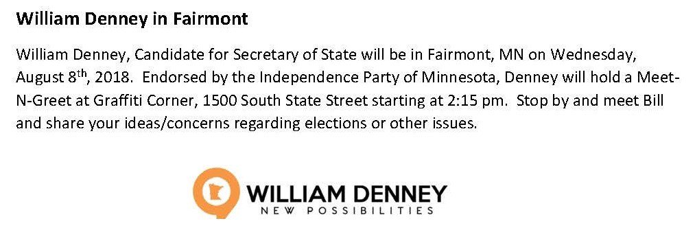 IndyMN's tweet photo. If you're in SW Minnesota you can see our own SOS Candidate @Denney2018 at FarmFest tomorrow (08/08) at 9:30a &amp; then at Graffiti Corner in Fairmont at 2:15 pm for a Meet-n-Greet! https://t.co/nzFfCWrwh8