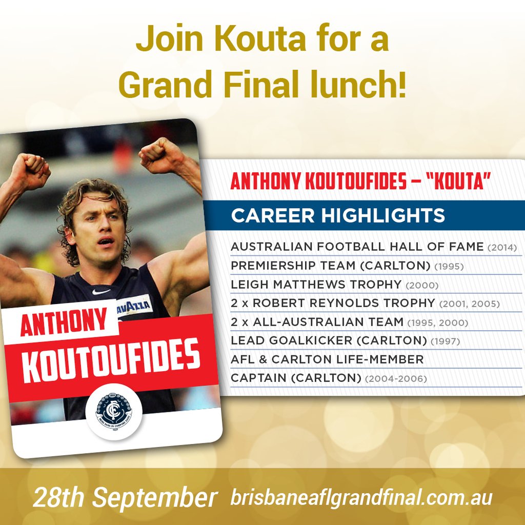 Join Kouta for the Brisbane AFL Grand Final Luncheon on Sept 28th (at Brisbane City Hall).
brisbaneaflgrandfinal.com.au

#afl #aflq  #aflqld #aflgrandfinal #aflgf #aflgrandfinal2018 #aflgf2018 #afllegend #brisbanecityhall #footy #koutoufides #carltonfc