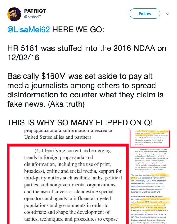 Today's Q drop links to a conspiracy theory that originated on Twitter. It purportedly explains why so many big name MAGA accounts turned on Q-Anon.The theory basically says the 2016 Congressional Bill H.R.5181 gave $160M to "citizen journalists" to promote anti-Q propaganda.