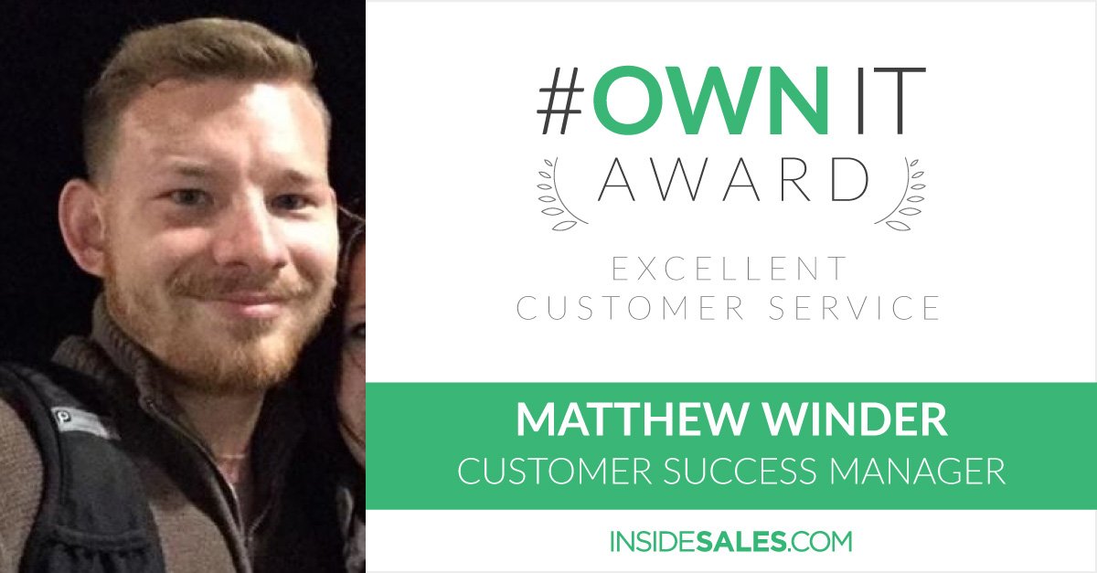 InsideSales_PB's tweet photo. Matt Winder wins our "Own It" award for excellent service. He saved a business from buying shoddy sales technology and got them a better deal with InsideSales. Congrats, Matt! #acceleratesales https://t.co/HA3h6ZbjOY https://t.co/sXPI7Wj4SR