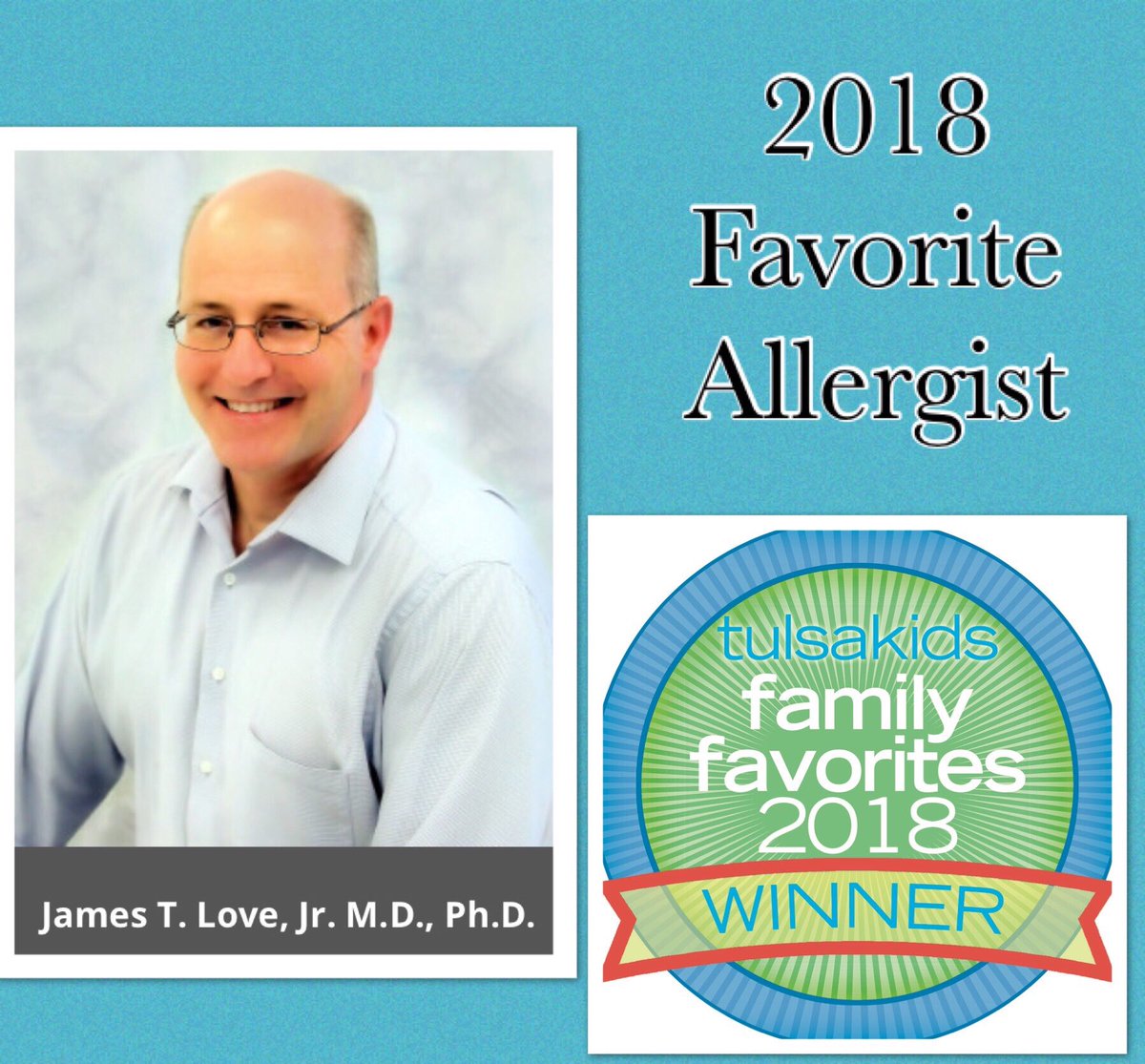 ACOTulsa's tweet image. Allergy Clinic of Tulsa’s very own Dr. James Love is the 2018 TulsaKids Family Favorites contest winner for the Favorite Allergist category. Dr. Timothy Nickel is the 2018 Finalist for the same category. We couldn’t be more proud of our physicians!
