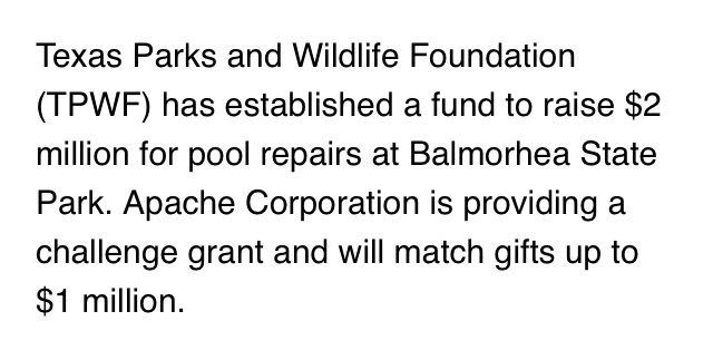 celizario's tweet image. NEW: @TPWDnews will partner with @ApacheCorp to raise the $2 million required to repair the Balmorhea State Park pool