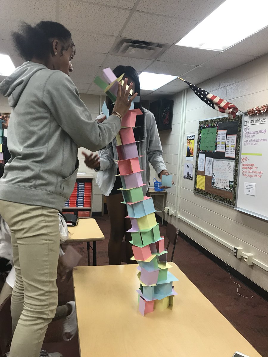 MsThornton4's tweet photo. Card stacking got wild today 😂 team/relationship building is the first key to a successful classroom. #TheBisonHerd @OCMHSBison https://t.co/FE8ArsRD7P