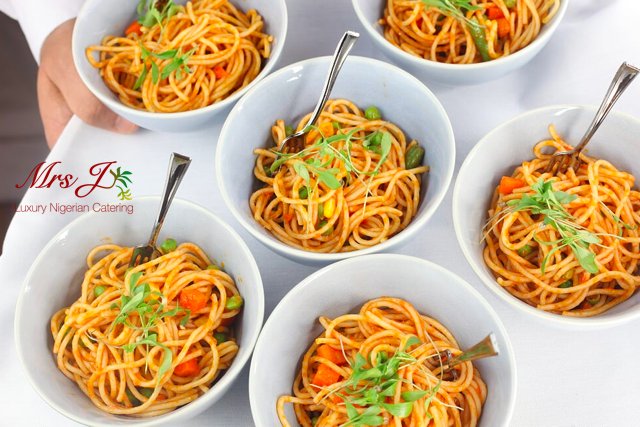 Our stir fried sweet and spicy “ata dindin” spaghetti is definitely one to try! #BowlFood #EveningFood #ModernNigerian #NigerianCatering #NigerianWeddings