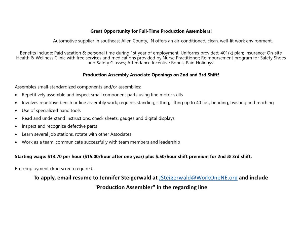 Jennifer Meekin On Twitter Production Assembler Job Openings On