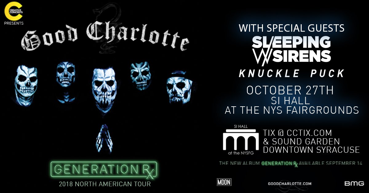 CrtvConcerts's tweet photo. SUPPORT ANNOUNCE! We are thrilled to announce that @SWStheband &amp; @KnucklePuckIL are joining @GoodCharlotte at SI Hall at The Fairgrounds (Syracuse, NY) on Oct. 27th

Stop waiting, get your tickets today at https://t.co/7ADpPA96wr https://t.co/Dmev3cxTXT