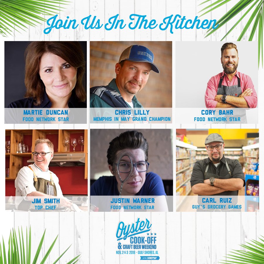 hangoutcookoff's tweet photo. We’re excited to announce our 2018 talent, including @MARTIEparty, @chefcorybahr, @chefjimsmith, @ChrisLillyBBQ, @EatFellowHumans, @carlruiz, @LinkieMarais and more. Plus, a concert by country star Michael Ray is included with admission! #oysters #foodie #FoodieDestinations https://t.co/Zo6fnLX0dv