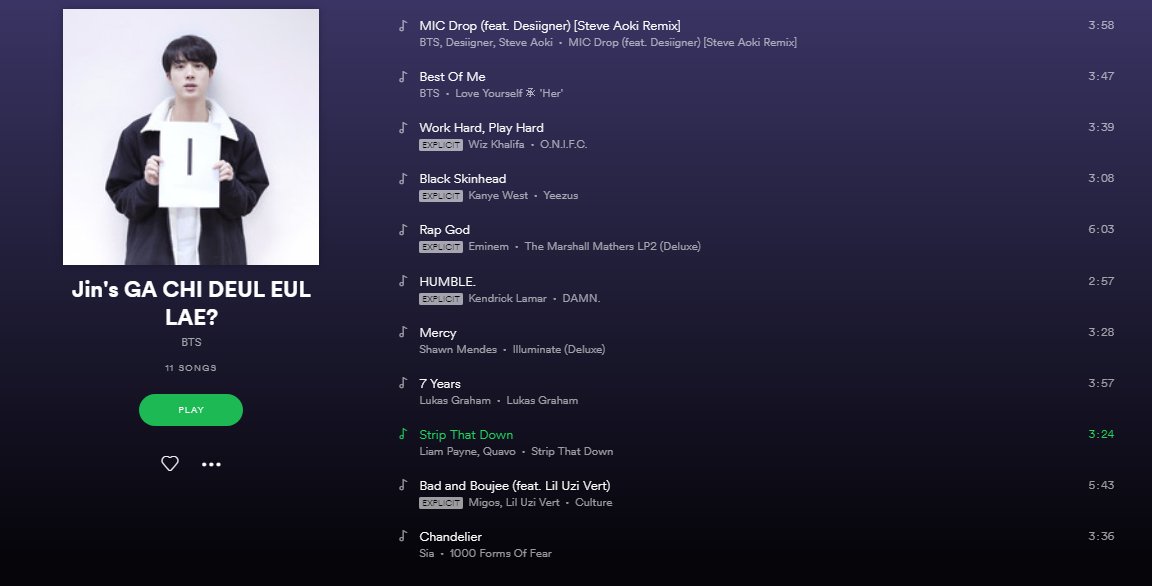 — seokjin added "strip that down" by liam to his spotify playlist 