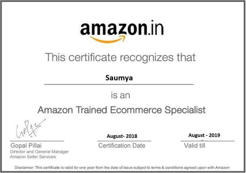 SocialSaumye's tweet image. Increasing the certification count by +1, I am now an &quot;Amazon Trained E-commerce Specialist&quot; too. Thanks, Vaibhav Sir for this opportunity. #Amazon #ATES #Digiperform