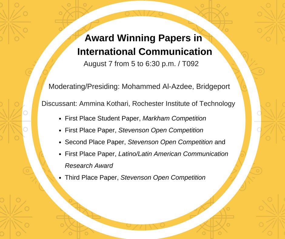 Do not miss out on the evening session today. The ICD panel will present awards the best papers in #internationalcommunication. Also, ICD's business meeting will follow right after!
#AEJMC18